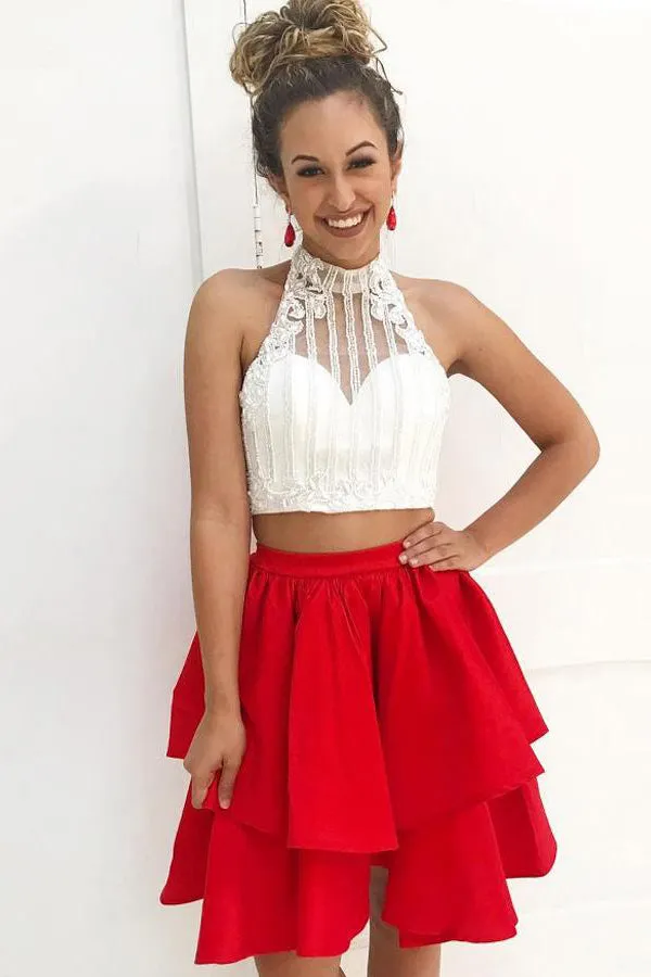 Sparkly Two Piece Halter Sleeveless Beading Short Taffeta Homecoming Party Dress OHM098