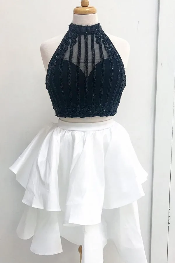 Sparkly Two Piece Halter Sleeveless Beading Short Taffeta Homecoming Party Dress OHM098