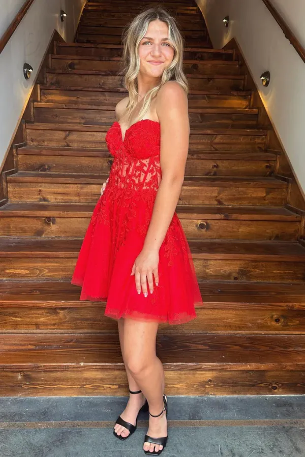 Strapless Red Lace Prom Dress, Sweetheart Neck Red Homecoming Dress APH0221