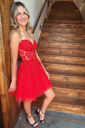 Strapless Red Lace Prom Dress, Sweetheart Neck Red Homecoming Dress APH0221