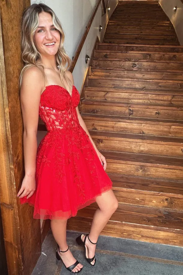 Strapless Red Lace Prom Dress, Sweetheart Neck Red Homecoming Dress APH0221