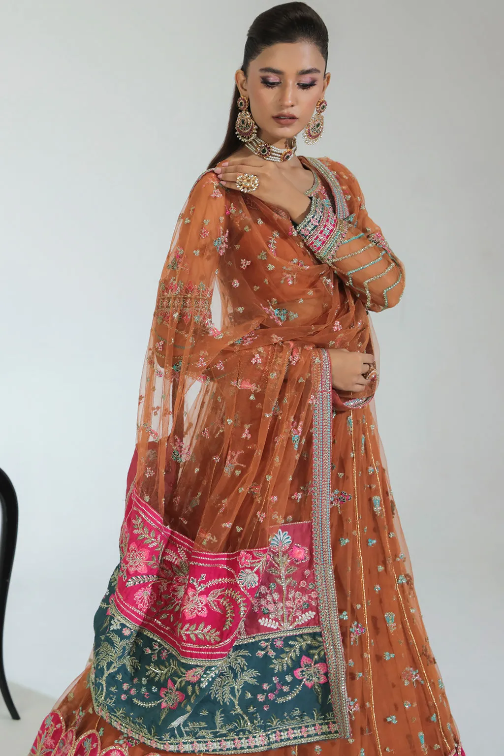 Sunehri Rust Embroidered Pakistani Wedding Dress in Pishwas Style