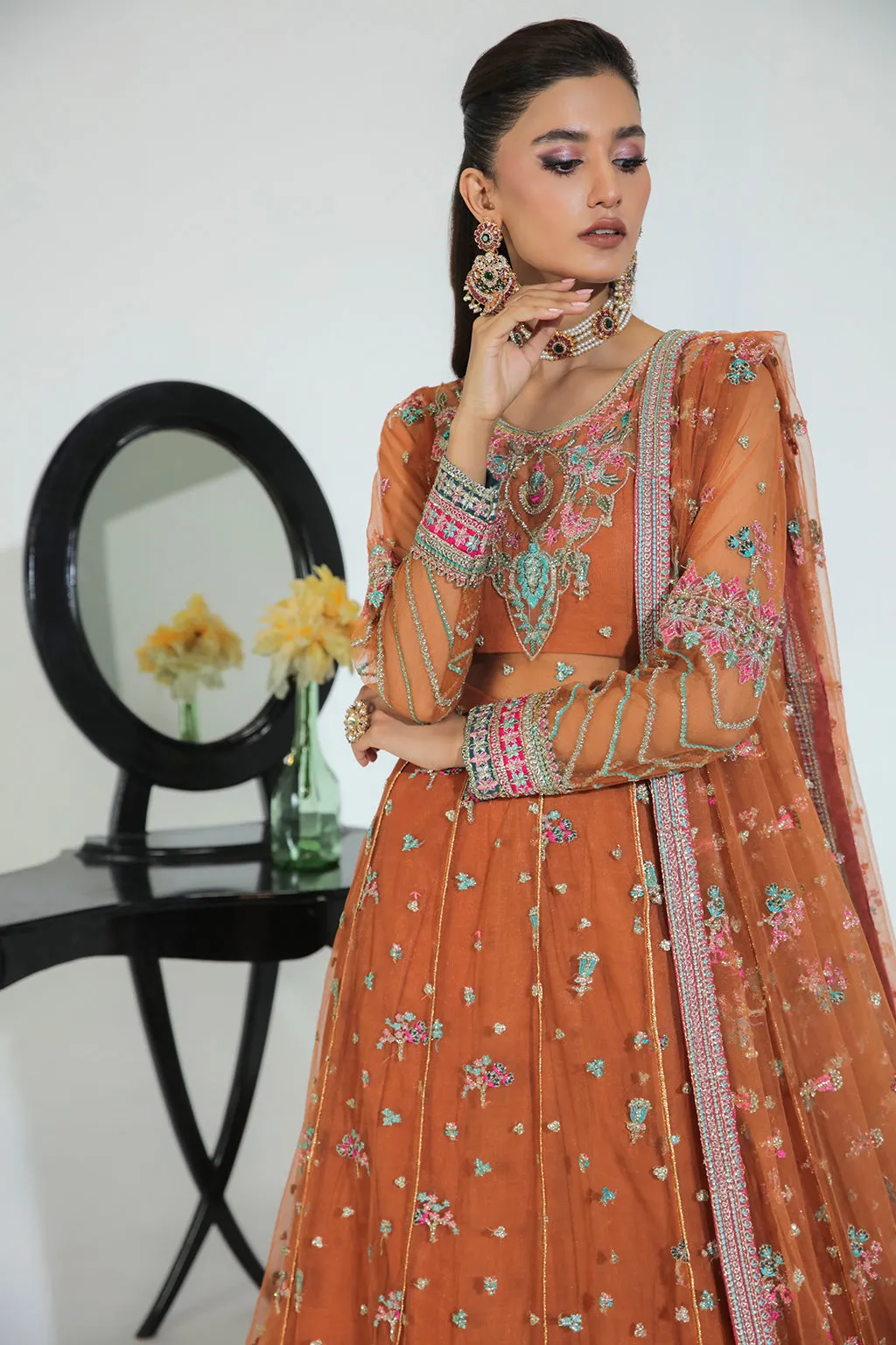 Sunehri Rust Embroidered Pakistani Wedding Dress in Pishwas Style
