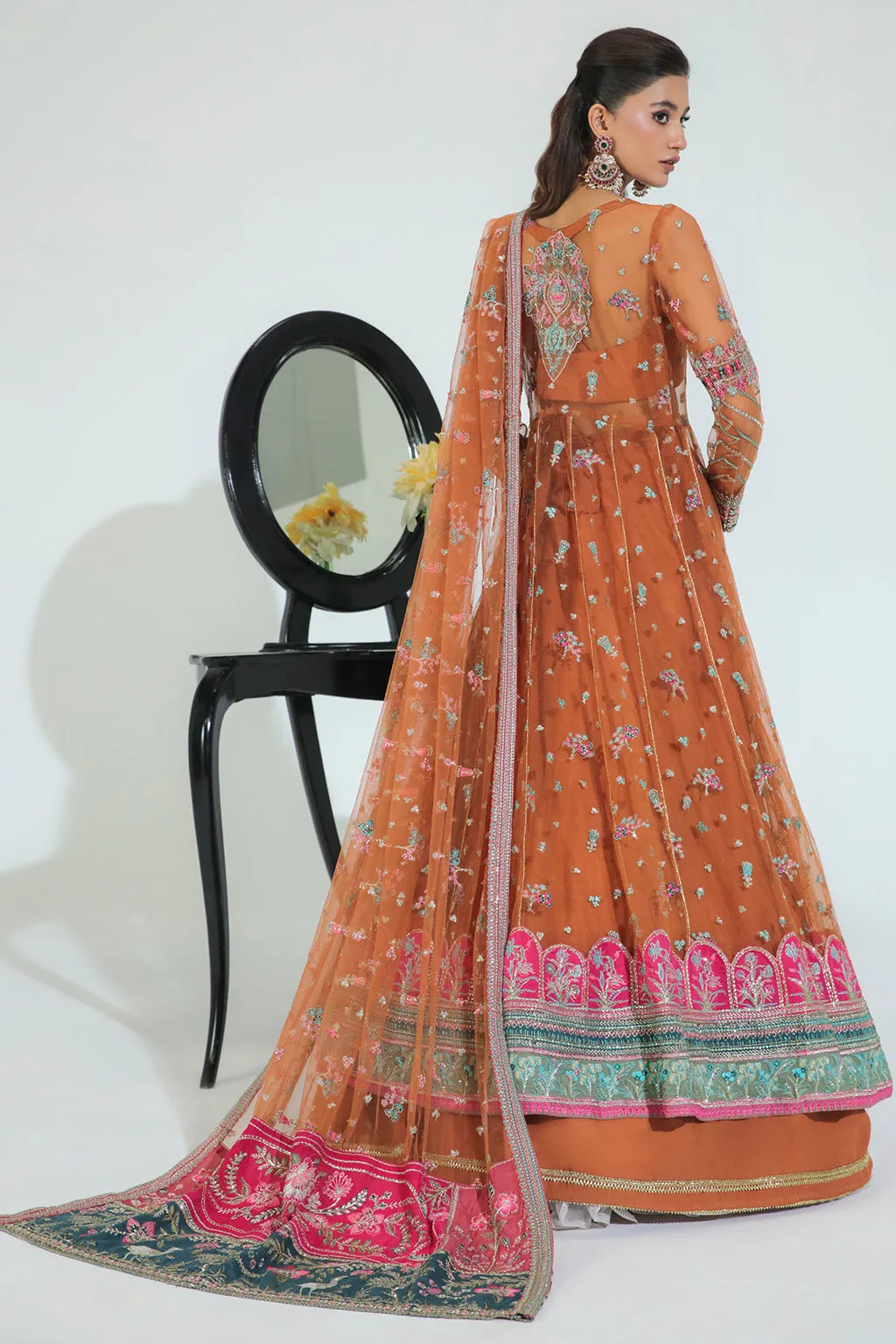 Sunehri Rust Embroidered Pakistani Wedding Dress in Pishwas Style