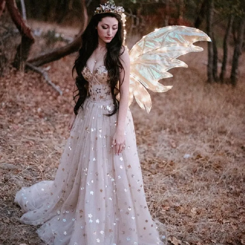 Sweetheart Neck Star Sequin Detachable Sleeves Prom Dress