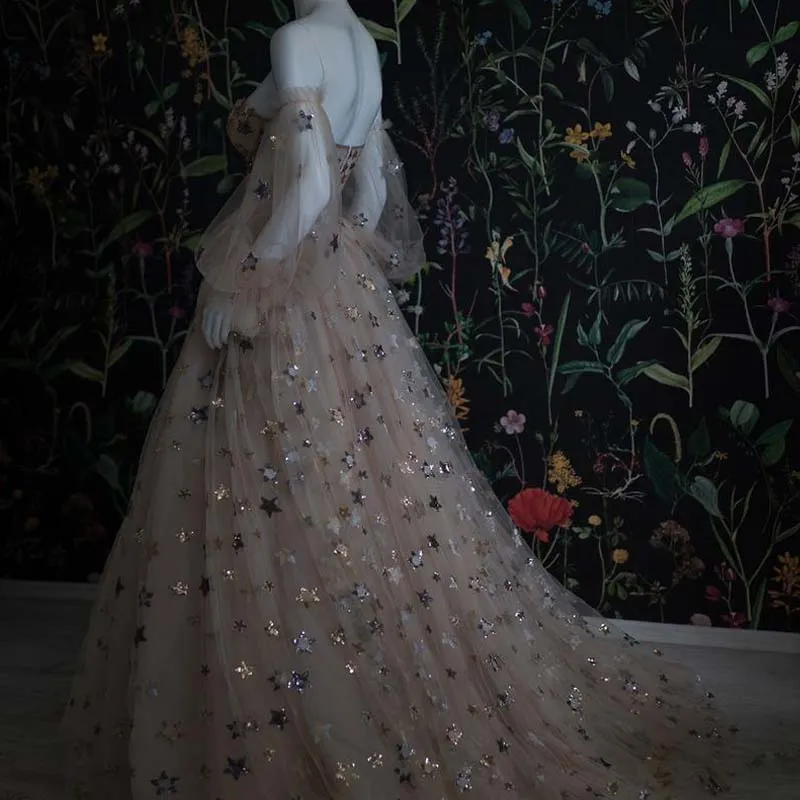 Sweetheart Neck Star Sequin Detachable Sleeves Prom Dress