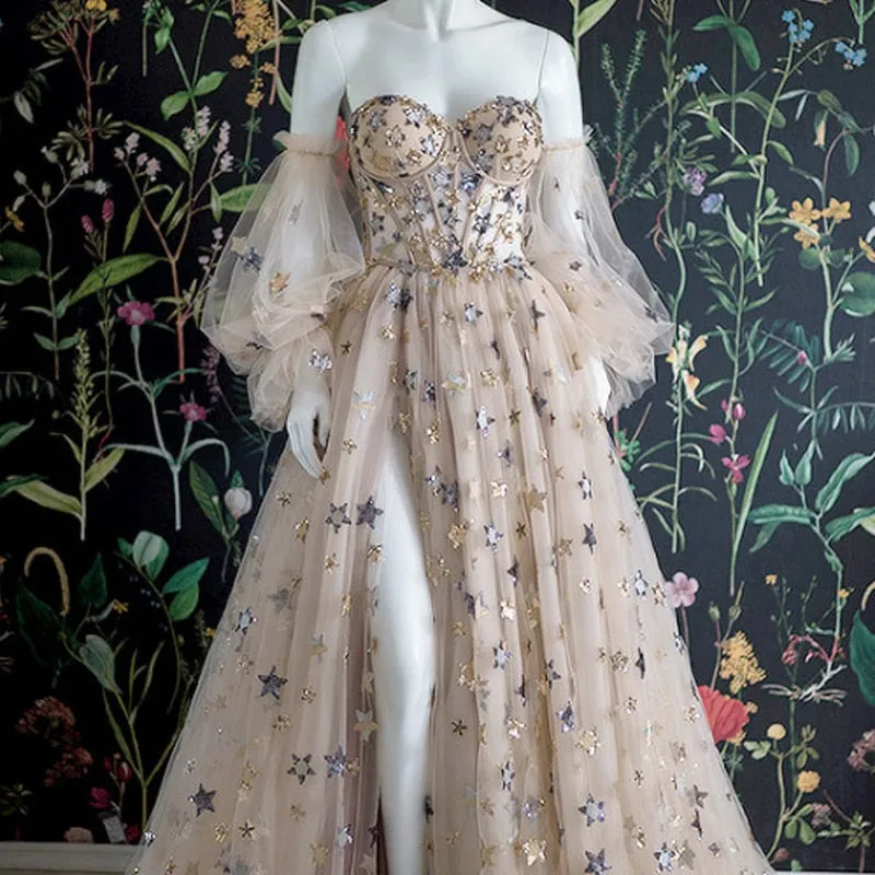 Sweetheart Neck Star Sequin Detachable Sleeves Prom Dress
