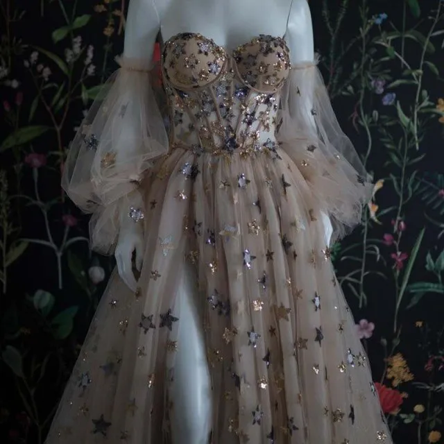 Sweetheart Neck Star Sequin Detachable Sleeves Prom Dress