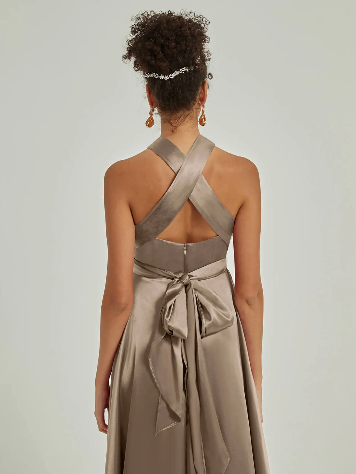 Taupe Satin Convertible Bridesmaid Dress Multi Ways Wrap A-Line Gowns