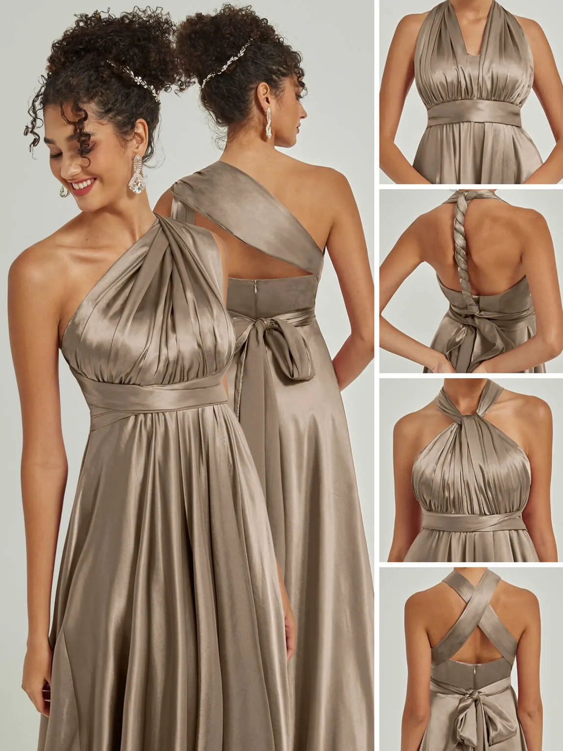 Taupe Satin Convertible Bridesmaid Dress Multi Ways Wrap A-Line Gowns