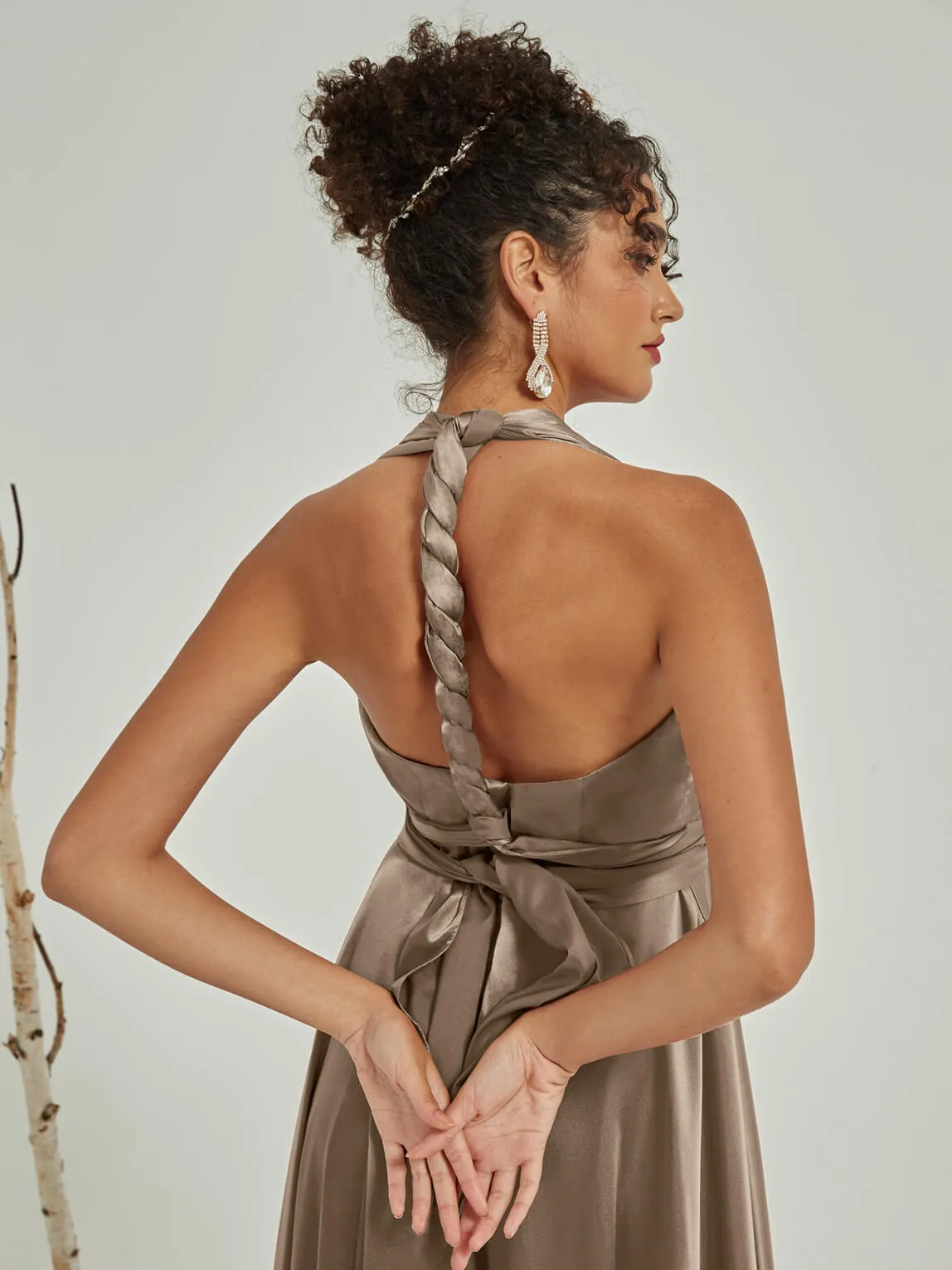 Taupe Satin Convertible Bridesmaid Dress Multi Ways Wrap A-Line Gowns