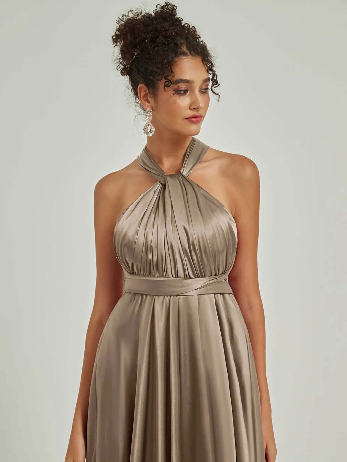 Taupe Satin Convertible Bridesmaid Dress Multi Ways Wrap A-Line Gowns
