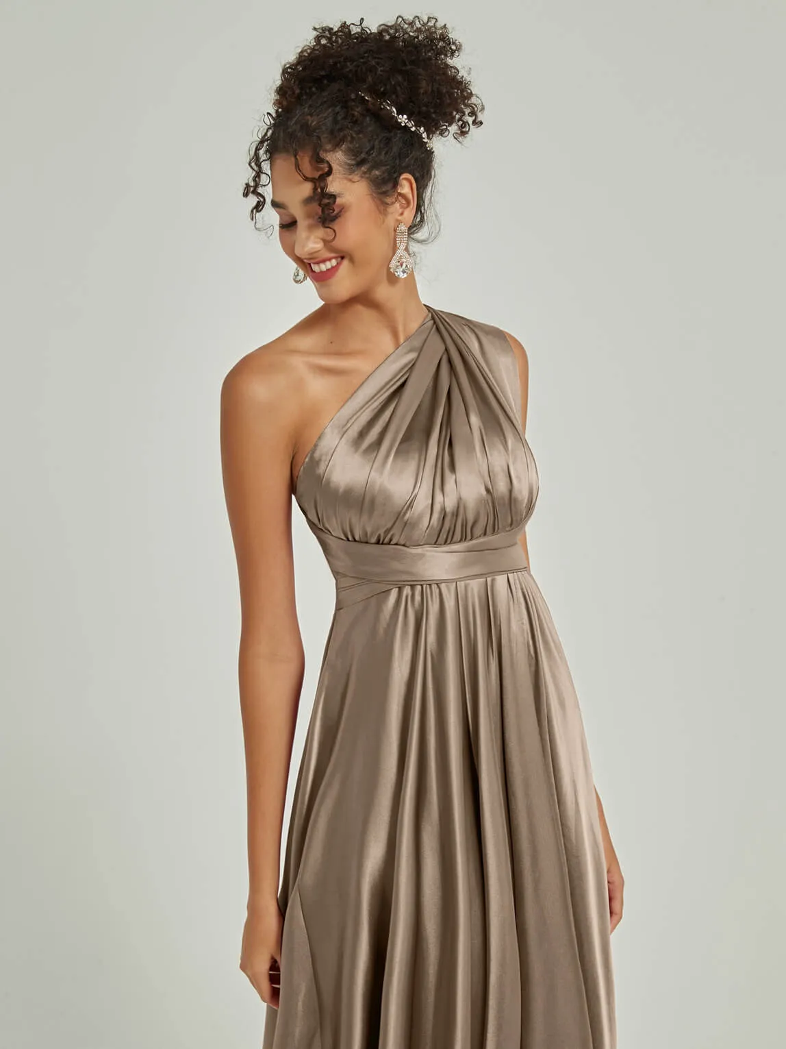 Taupe Satin Convertible Bridesmaid Dress Multi Ways Wrap A-Line Gowns
