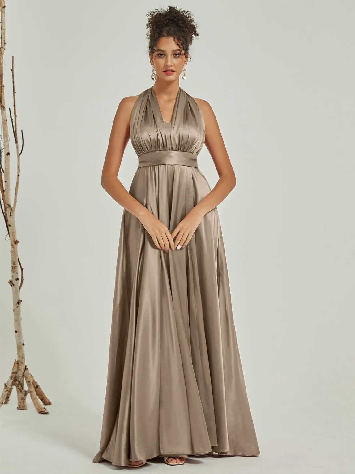 Taupe Satin Convertible Bridesmaid Dress Multi Ways Wrap A-Line Gowns