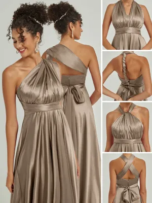 Taupe Satin Convertible Bridesmaid Dress Multi Ways Wrap A-Line Gowns