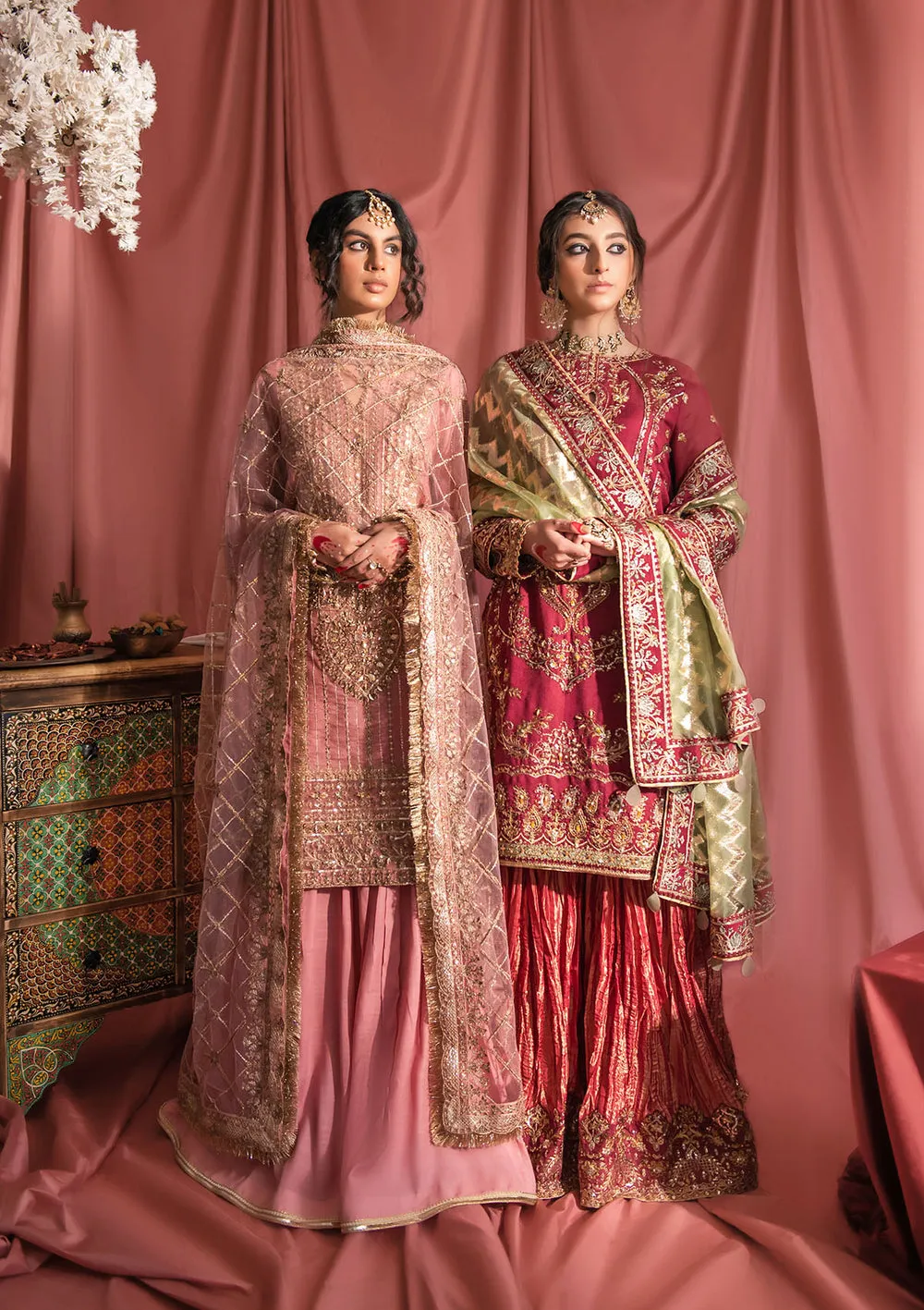 Tea Pink Embroidered Kameez Sharara Dupatta Pakistan Wedding Dress