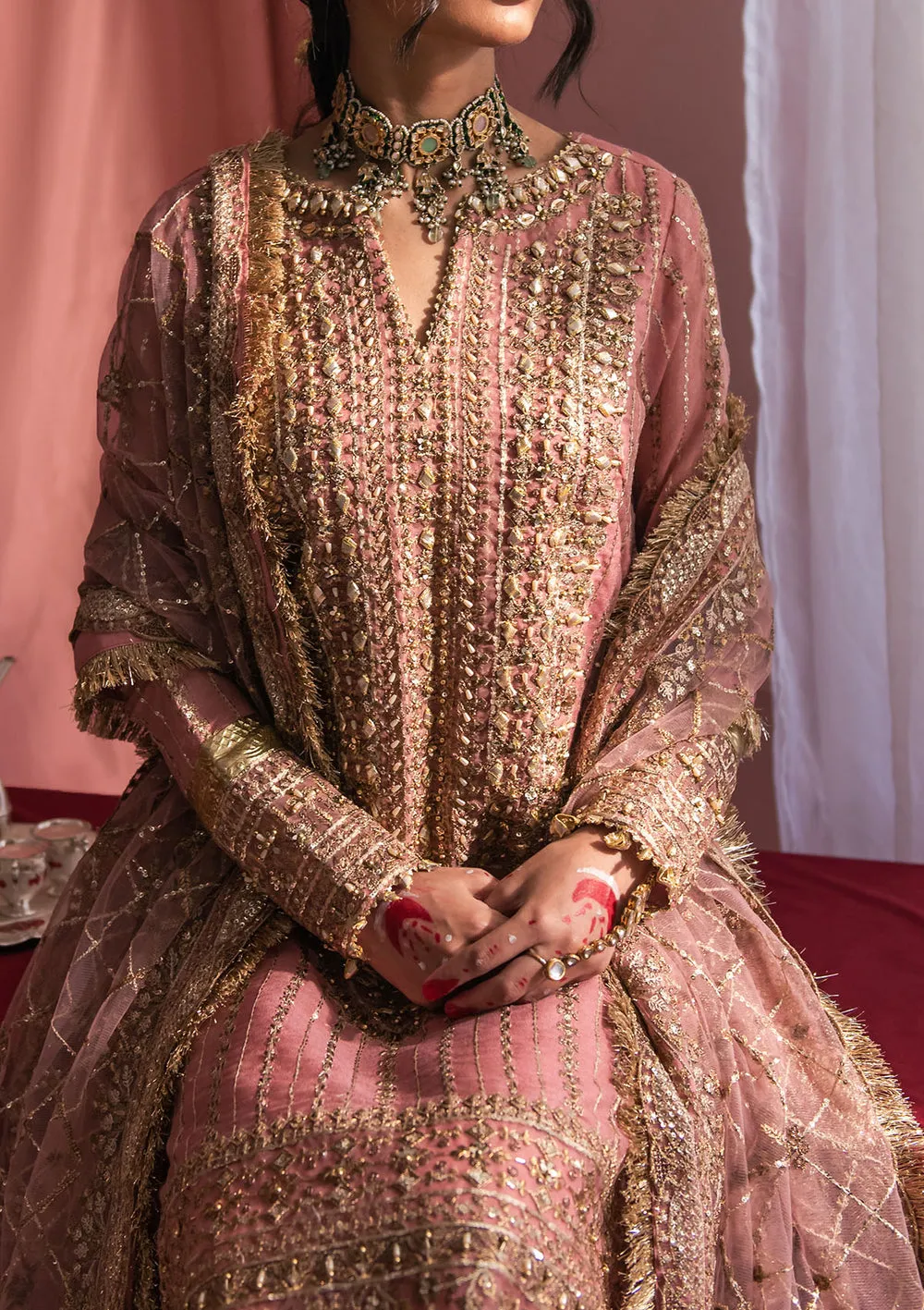 Tea Pink Embroidered Kameez Sharara Dupatta Pakistan Wedding Dress