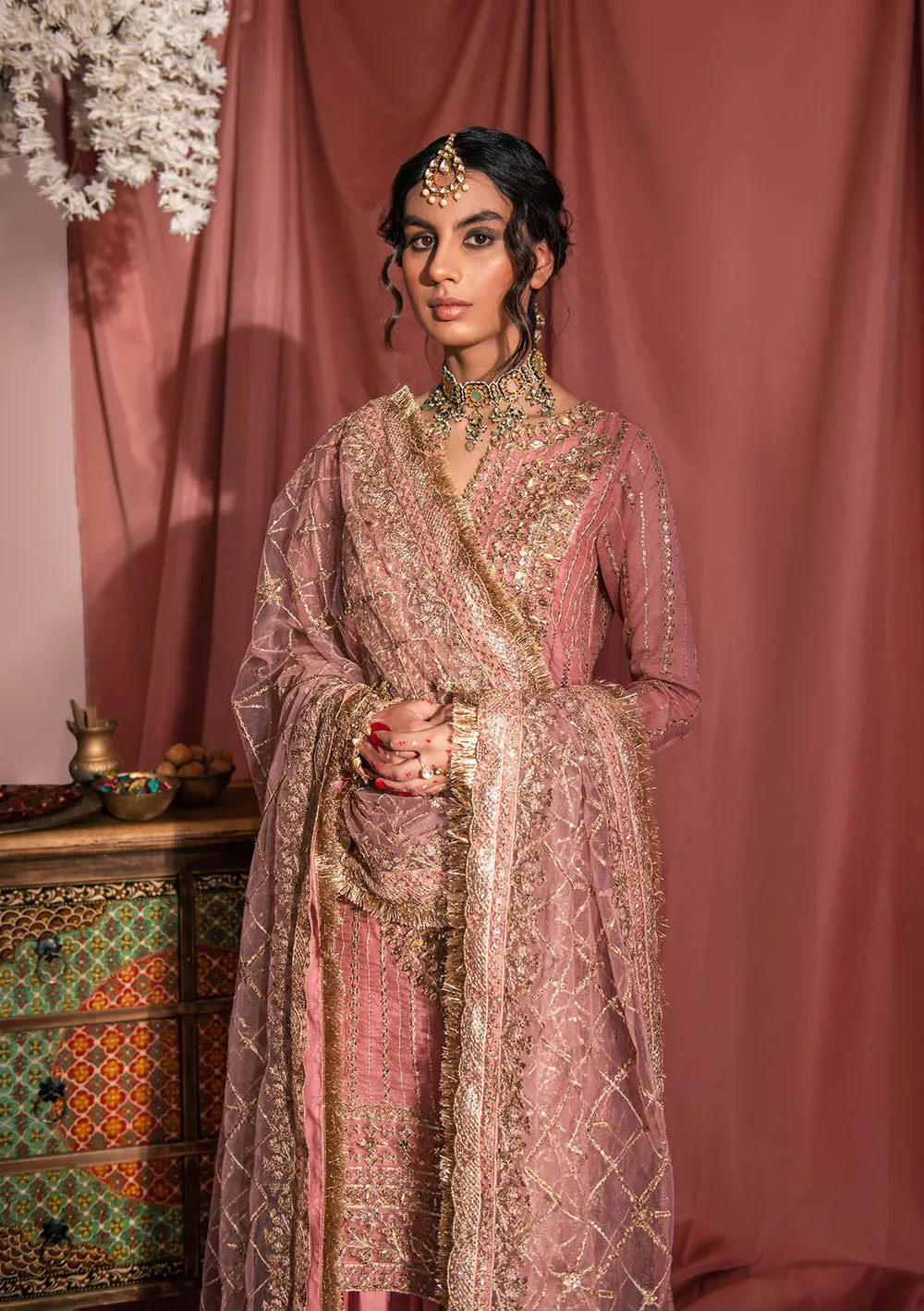 Tea Pink Embroidered Kameez Sharara Dupatta Pakistan Wedding Dress