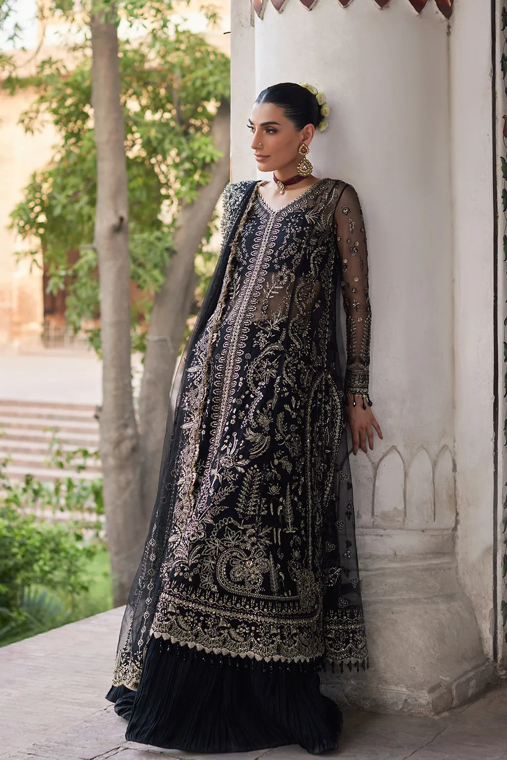 Traditional Black Embroidered Pakistani Wedding Dress Gown Sharara