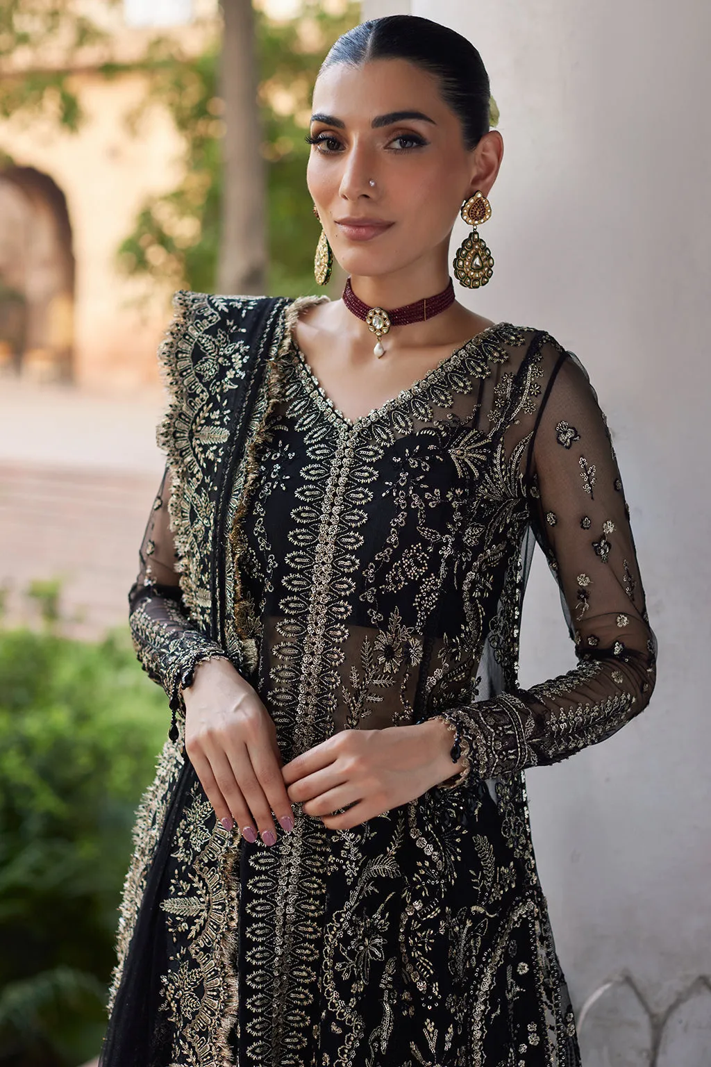 Traditional Black Embroidered Pakistani Wedding Dress Gown Sharara