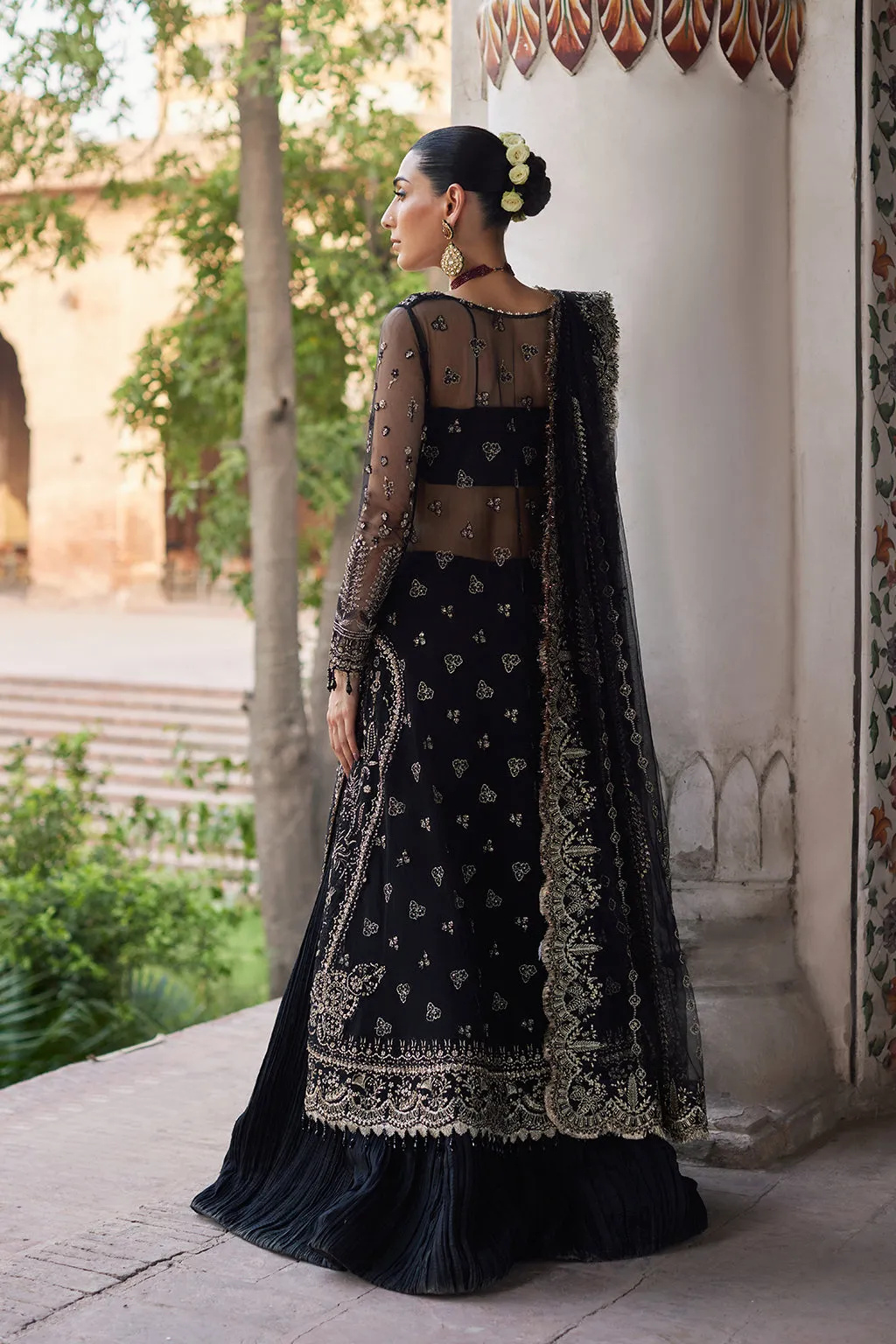Traditional Black Embroidered Pakistani Wedding Dress Gown Sharara