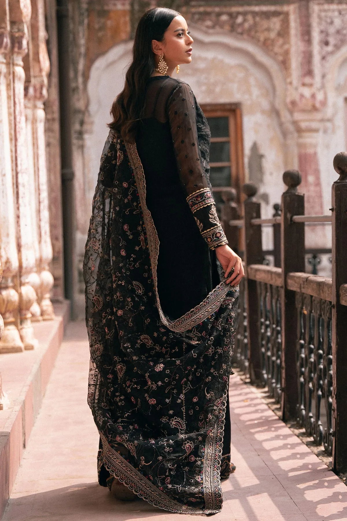 Traditional Black Embroidered Pakistani Wedding Dress Kameez Gharara