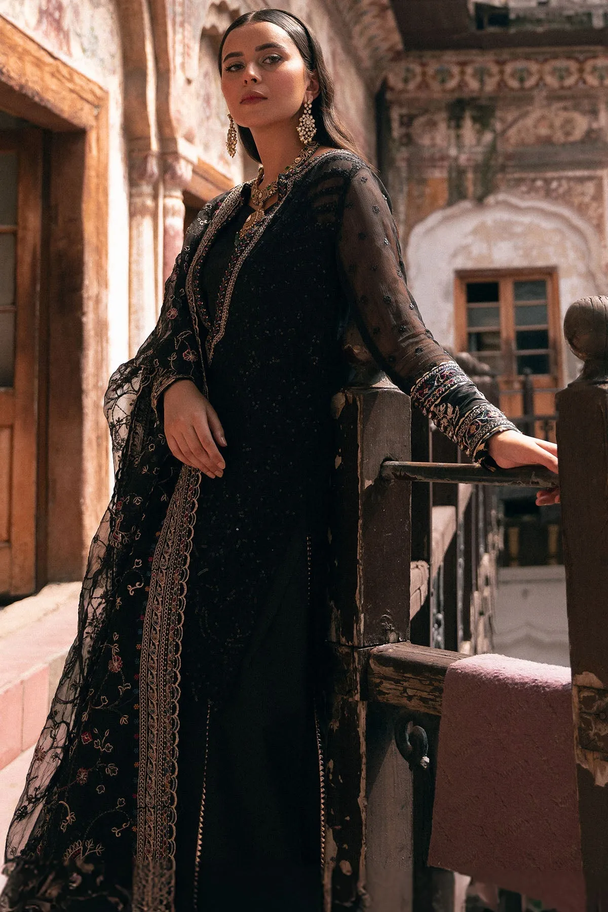 Traditional Black Embroidered Pakistani Wedding Dress Kameez Gharara