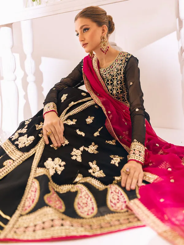 Traditional Black Gown Style Embroidered Pishwas Pakistani Wedding Dress