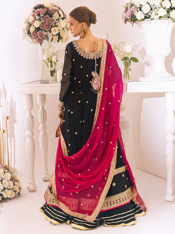 Traditional Black Gown Style Embroidered Pishwas Pakistani Wedding Dress