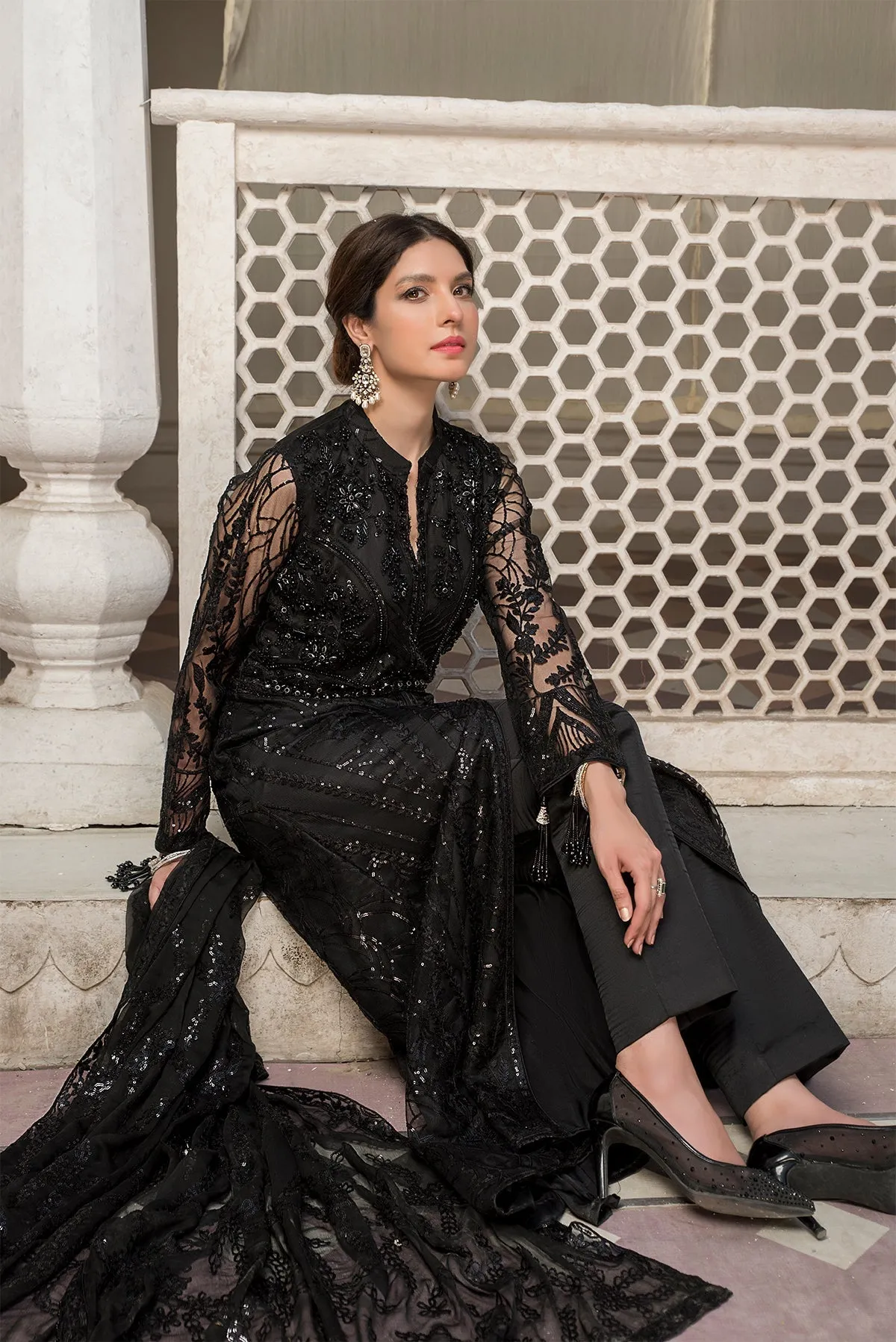 Traditional Black Net Embroidered Pakistani Salwar Kameez Party Dress