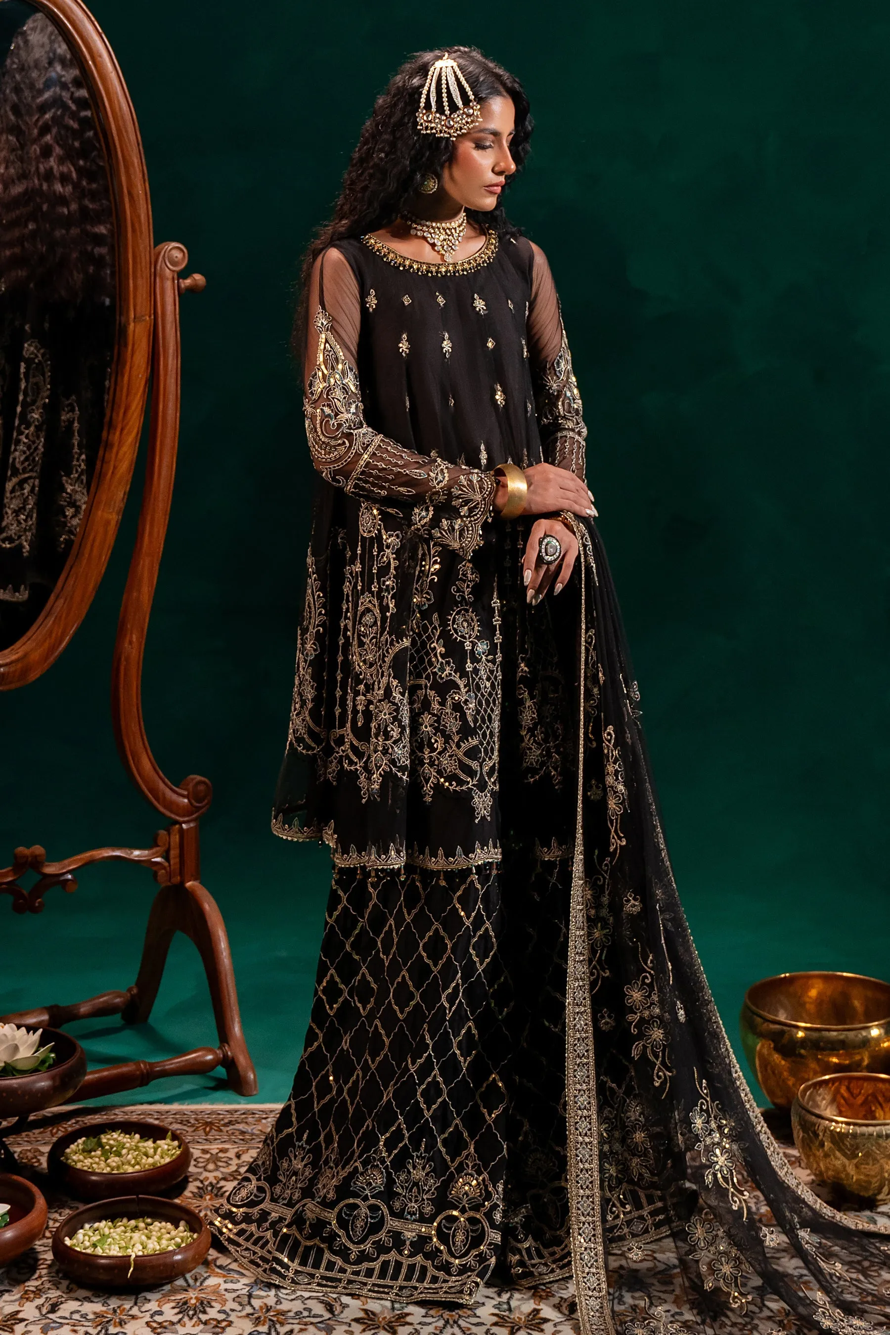 Traditional Black Shade Pakistani Wedding Wear Embroidered Sharara