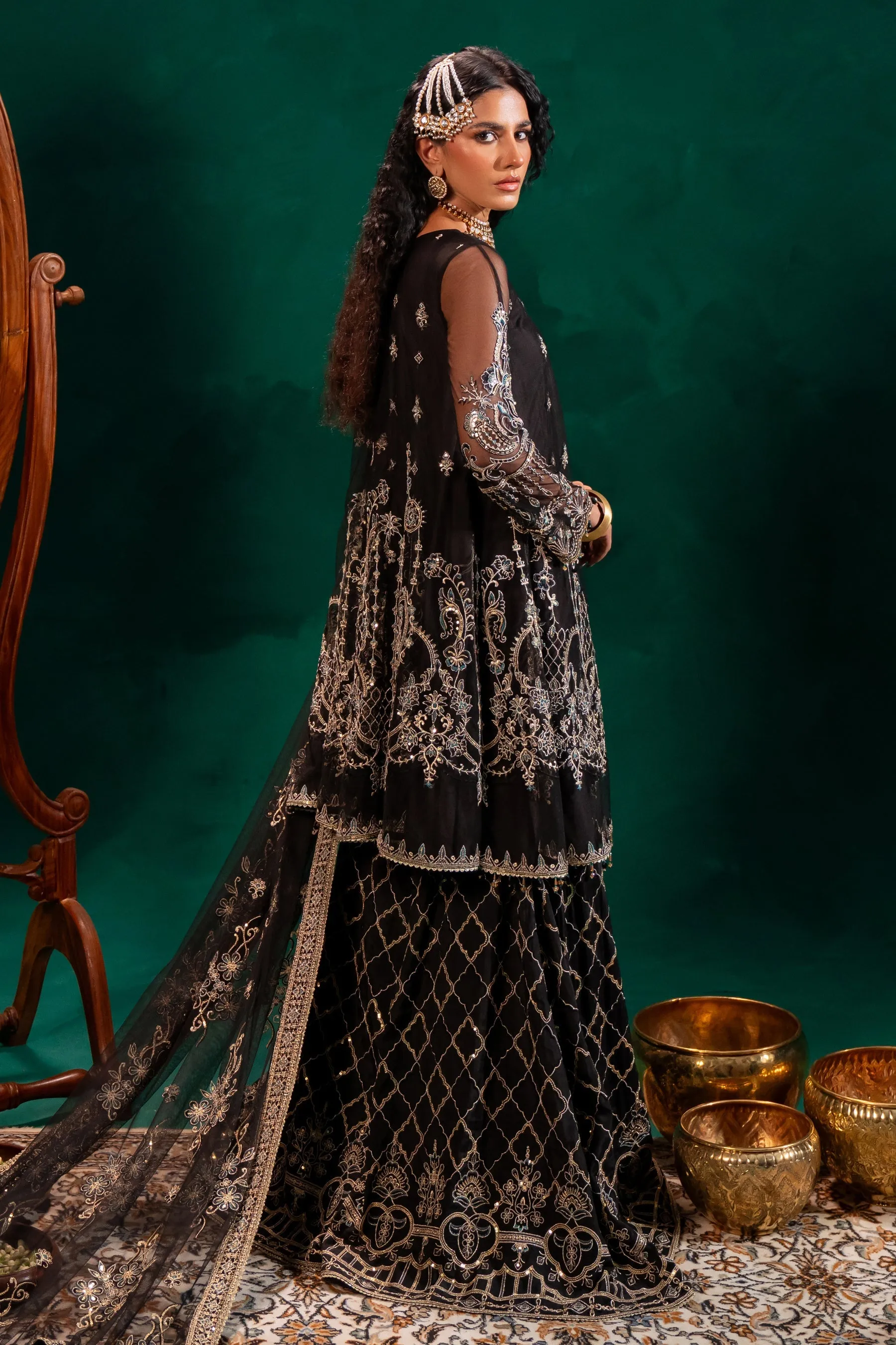 Traditional Black Shade Pakistani Wedding Wear Embroidered Sharara