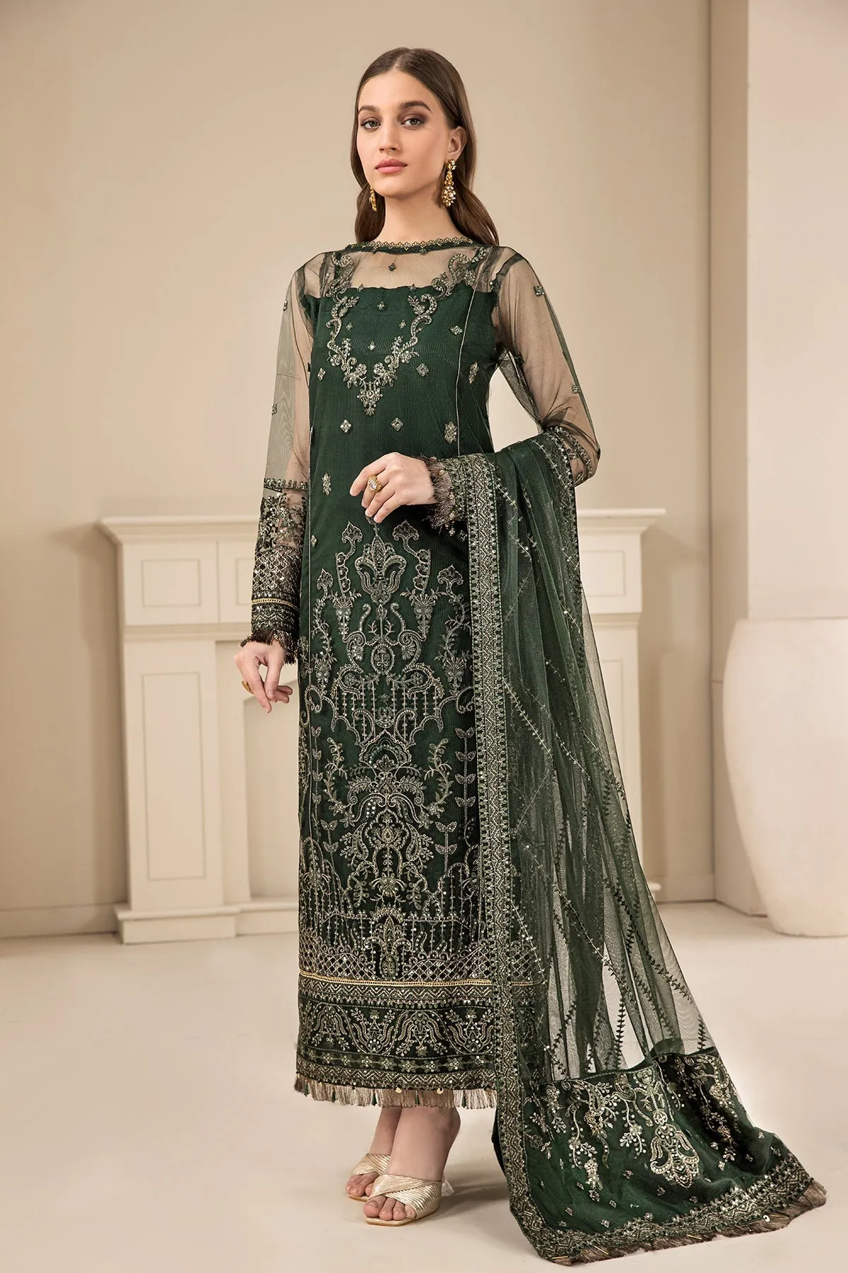 Traditional Bottle Green Heavily Embroidered Pakistani Salwar Kameez
