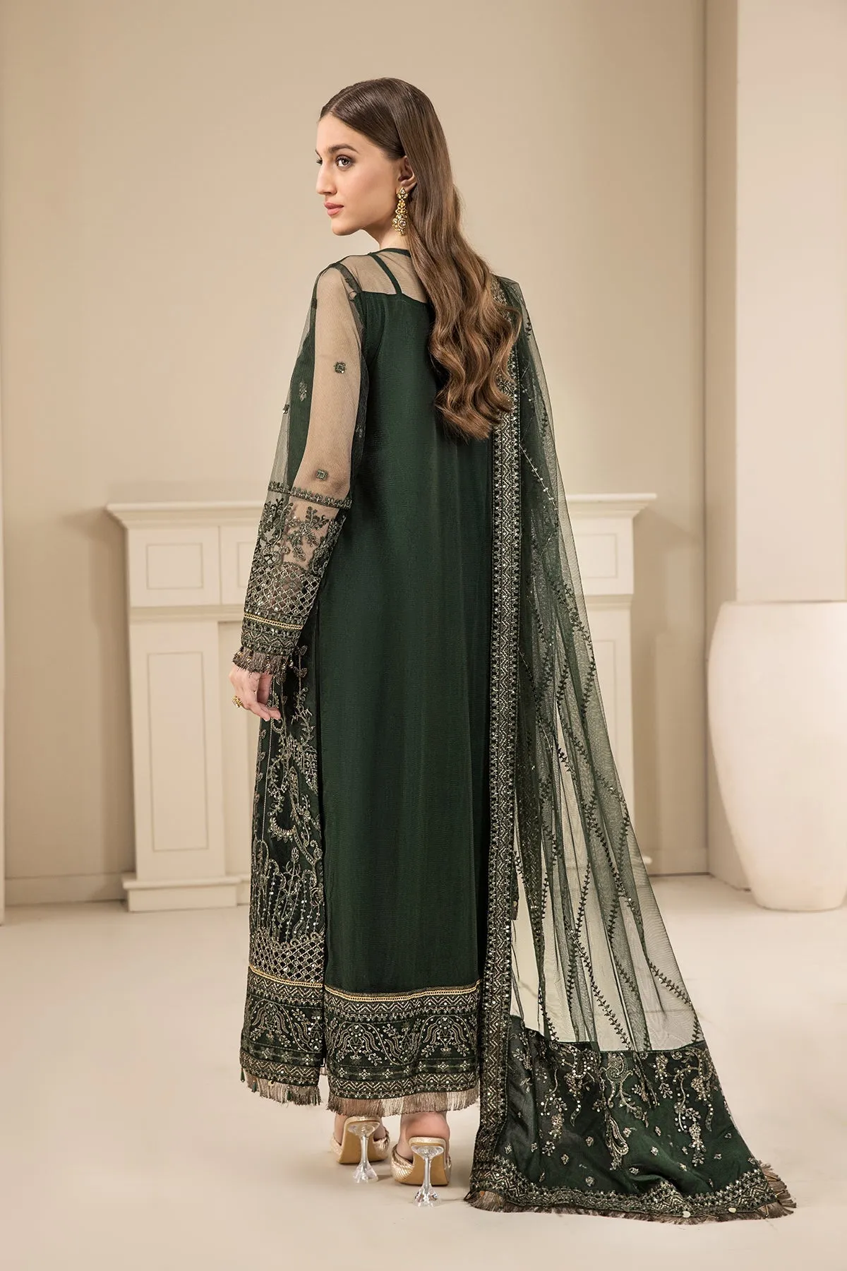 Traditional Bottle Green Heavily Embroidered Pakistani Salwar Kameez