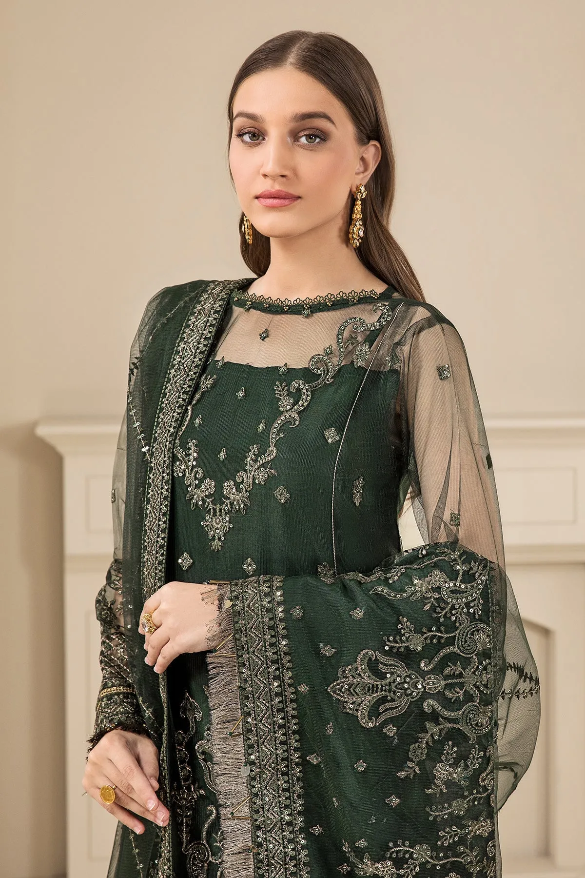 Traditional Bottle Green Heavily Embroidered Pakistani Salwar Kameez