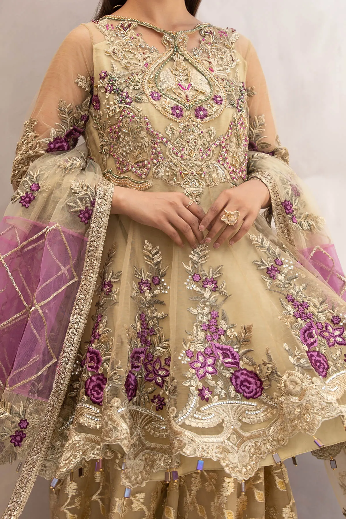 Traditional Embellished Gold Kurti Sharara Pakistani Wedding Dress