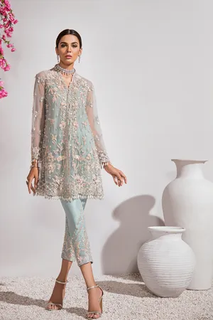 Traditional Pakistani net embroidered wedding dress in gray blue color # B3442