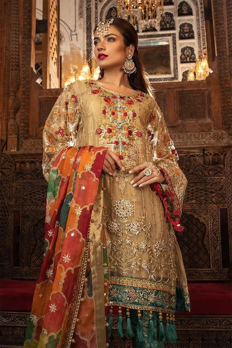 Traditional Pakistani wedding dress in shimmering gold color # P2253