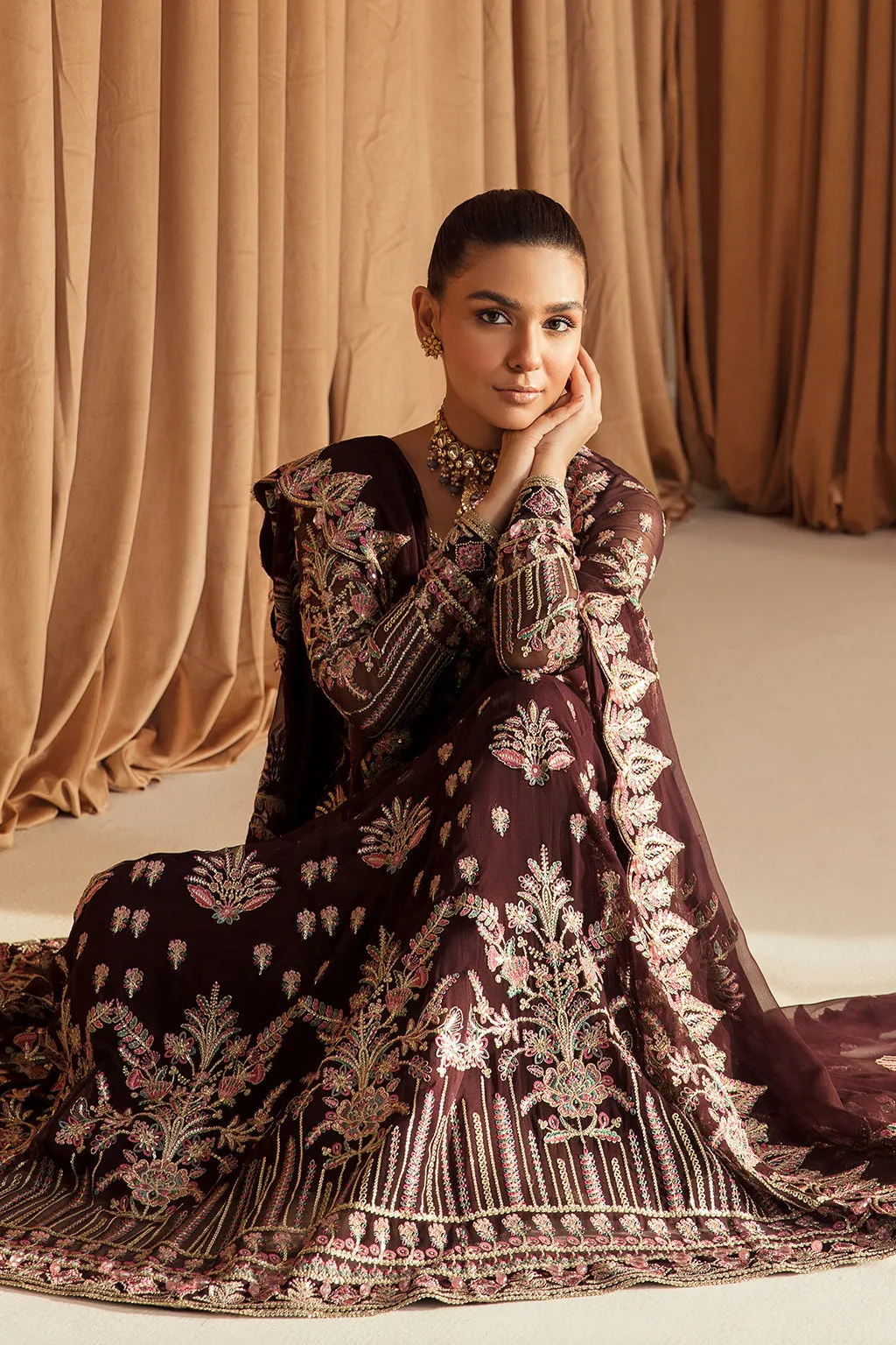 Traditional Pakistani Wedding Dress Pishwas Style in Rust Brown Color