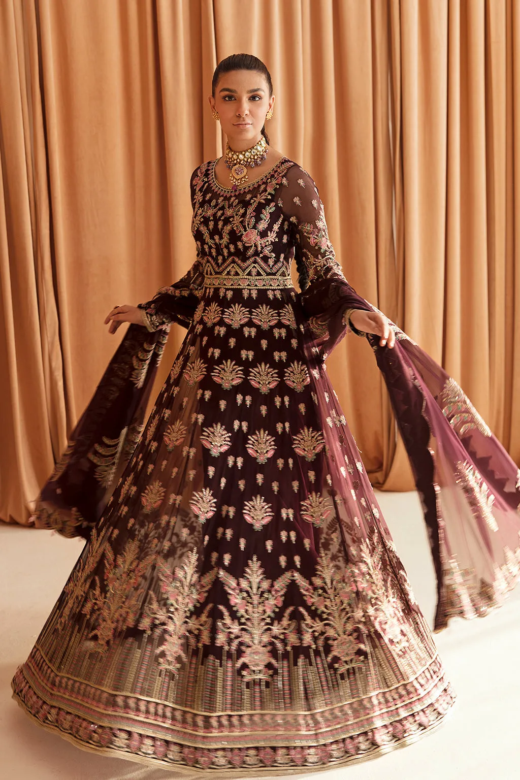 Traditional Pakistani Wedding Dress Pishwas Style in Rust Brown Color