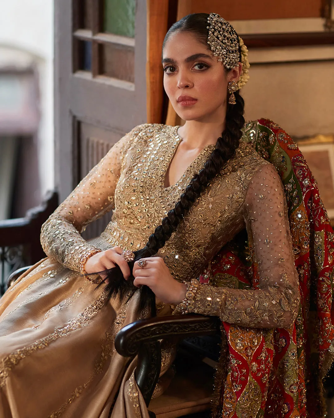 Traditional Pishwas Pakistani Wedding Dress in Raw Silk