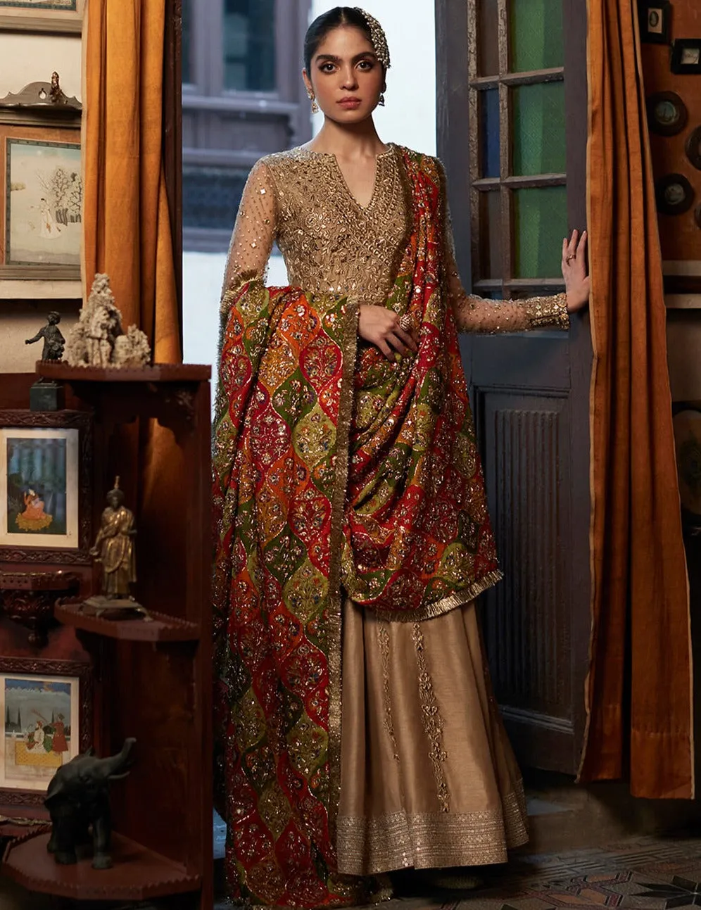 Traditional Pishwas Pakistani Wedding Dress in Raw Silk