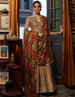 Traditional Pishwas Pakistani Wedding Dress in Raw Silk