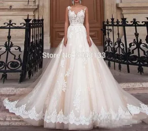 Transparent Scoop Champagne Wedding Dress