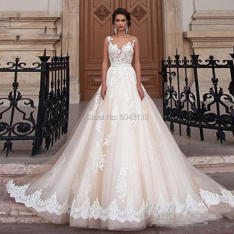 Transparent Scoop Champagne Wedding Dress