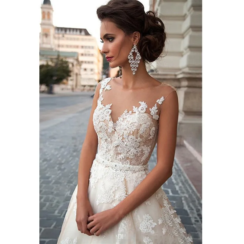 Transparent Scoop Champagne Wedding Dress