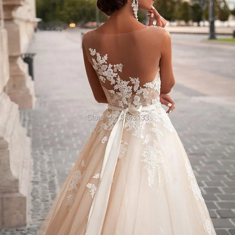 Transparent Scoop Champagne Wedding Dress