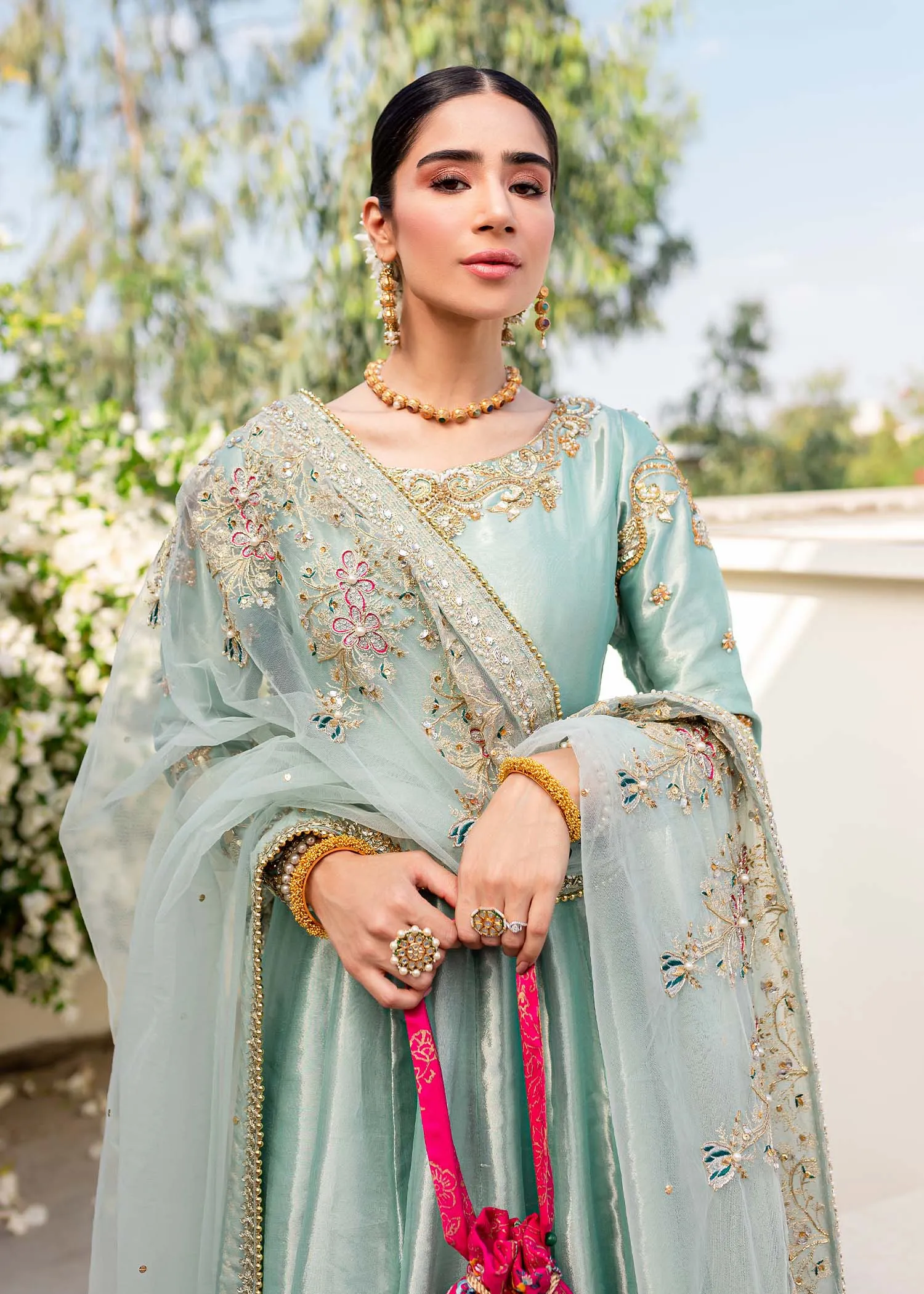 Turquoise Heavily Embroidered Pakistani Wedding Wear Pishwas Dupatta