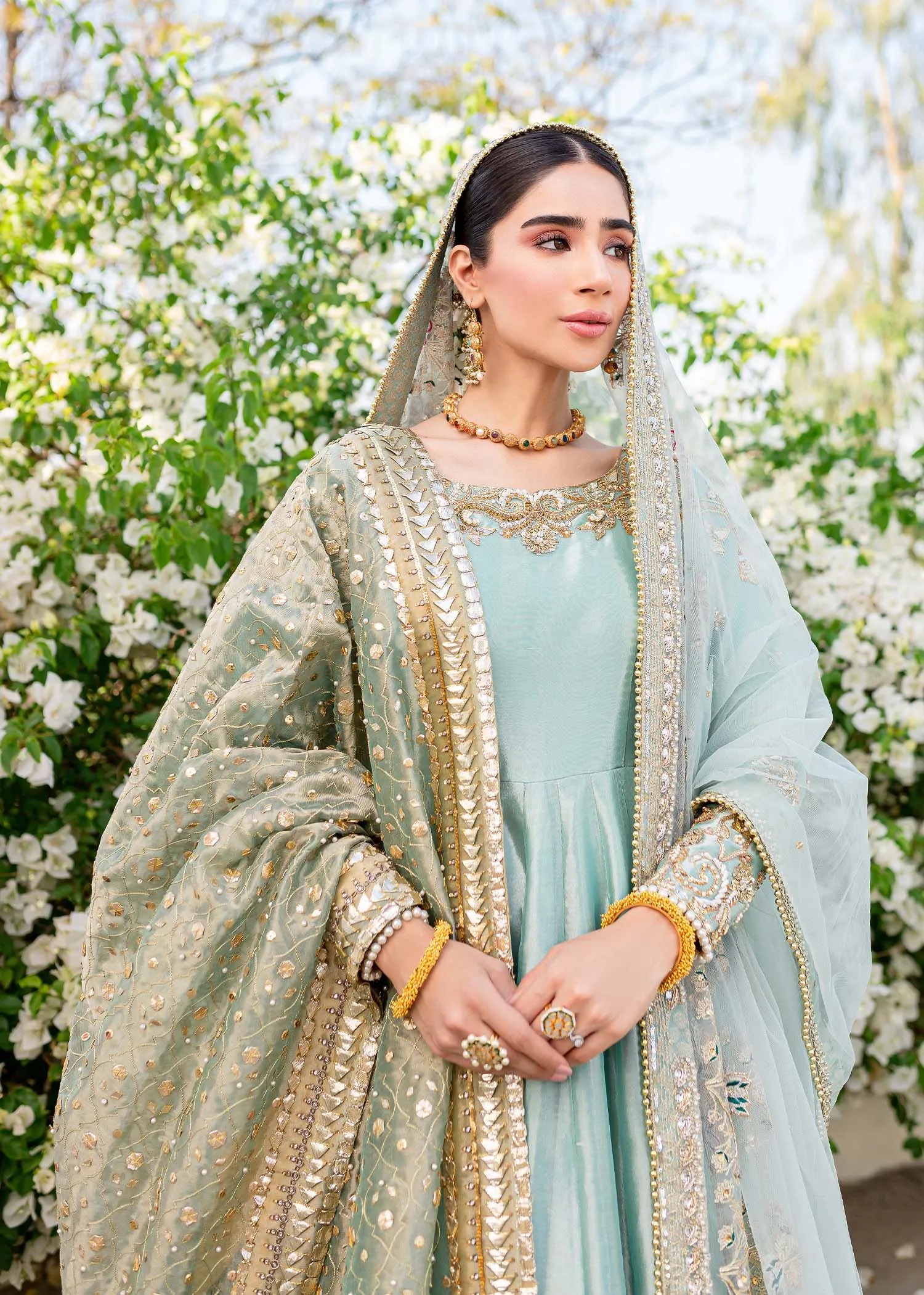 Turquoise Heavily Embroidered Pakistani Wedding Wear Pishwas Dupatta