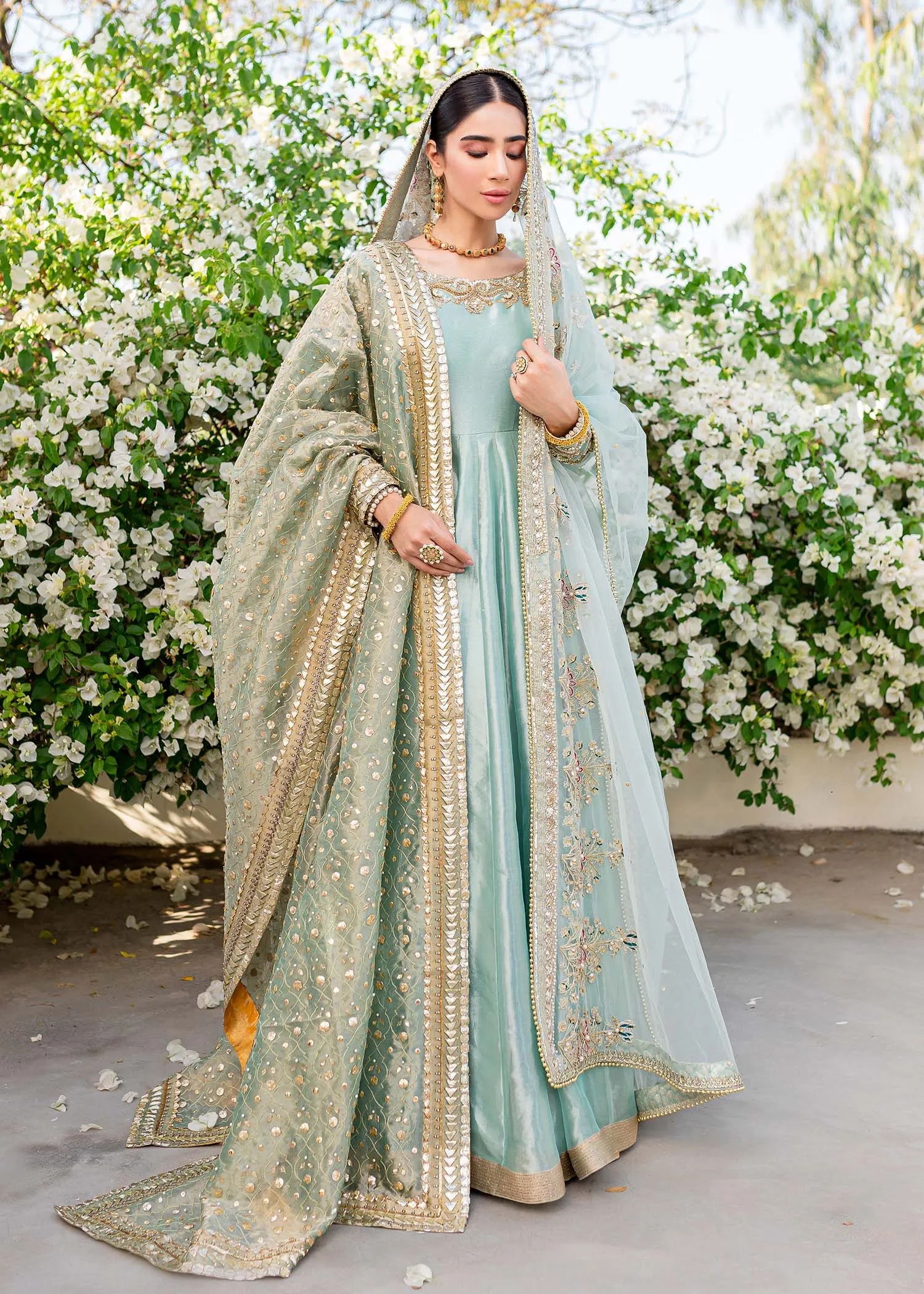 Turquoise Heavily Embroidered Pakistani Wedding Wear Pishwas Dupatta